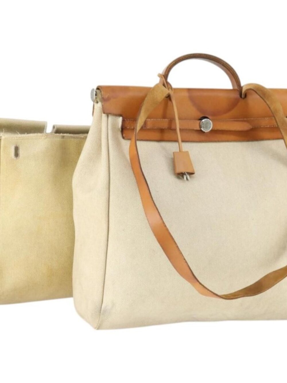 HERMES Her Bag MM Hand Bag Canvas Beige Silver Auth 168228
